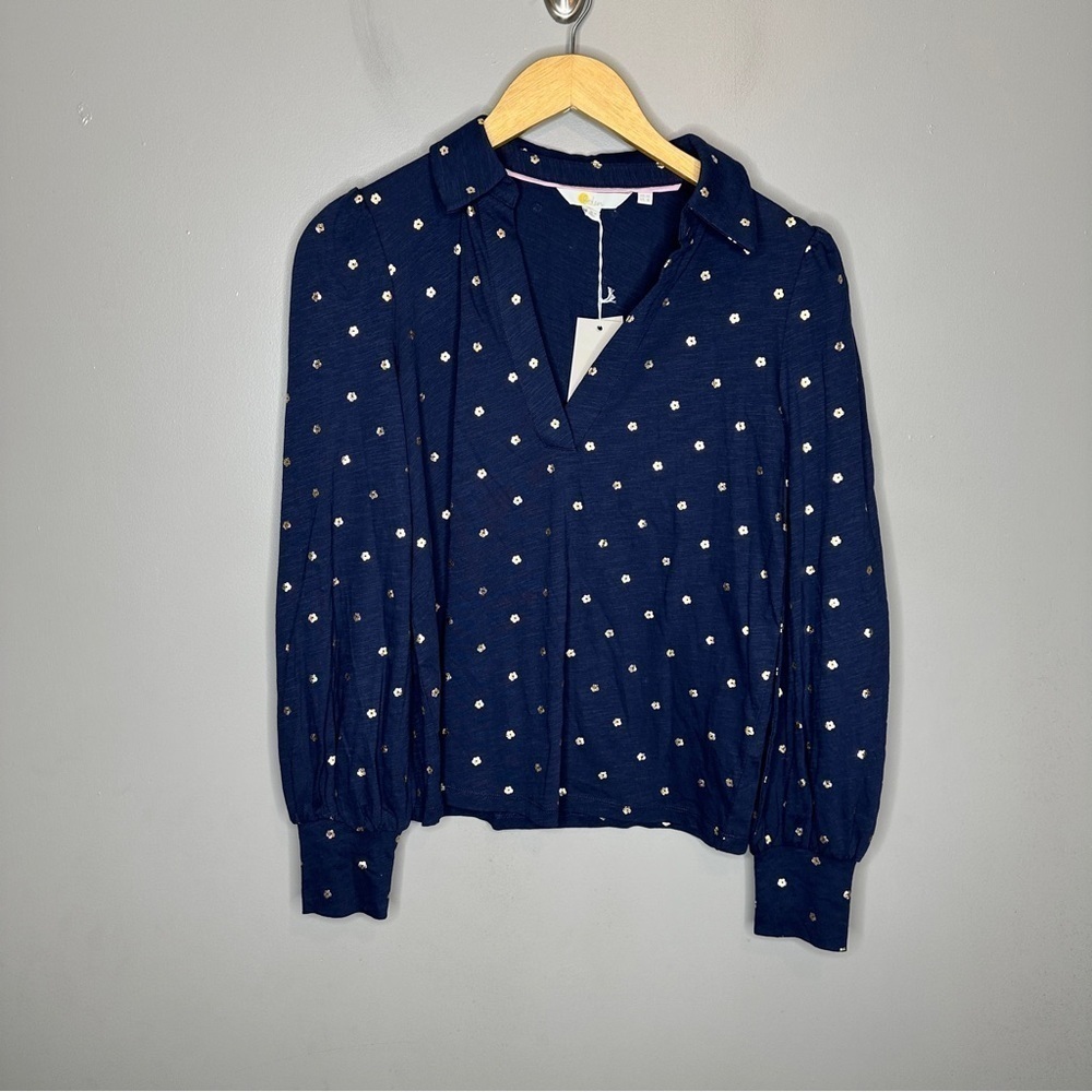 NWT Boden Notch Neck Smocked Frill Top in navy, foil dot - Picture 3 of 11